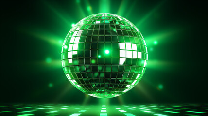 grüne Discokugel mit Lichtern und Lichteffekten. Querformat. Generative Ai.