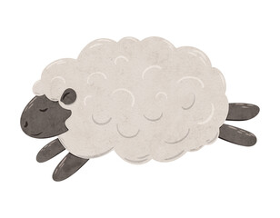 Cute baby Sheep jumping. Digital hand drawn illustration with little lamb for textile design, poster, card. Drawing of character in cartoon style for print on isolated background.