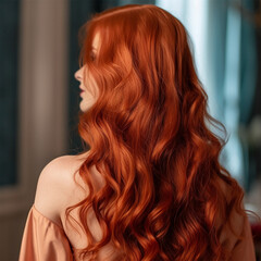 young woman with red and curly hair in a beauty salon after service .back view. Banner or poster. Social media content for beauty salons.  