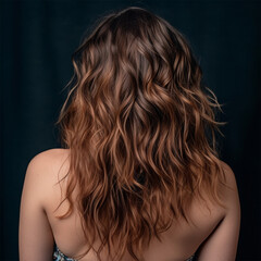 Fototapeta premium young woman with dark and curly hair .back view. Banner or poster. Social media content for beauty salons. Generative AI