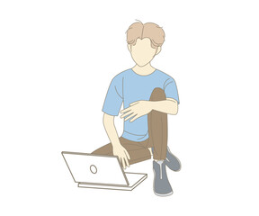 Young man sitting with crossed legs, holding laptop. Freelance, studying, online education, work at home, work concept. 2d vector people character illustration. Cartoon minimal style