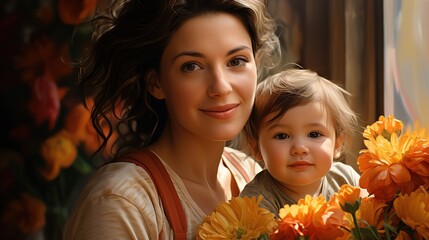 Happy mother day fun adorable lovely woman wearing casual clothes with child kid