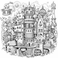 Obraz premium Fairytale city wonderland. Hand drawing doodles with black pen. Generative AI