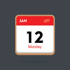 monday 12 january icon with black background, calender icon