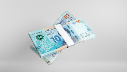 A double stack of ten tunisian dinars cash bills on a white neutral background. Isolated. 3d render - obrazy, fototapety, plakaty