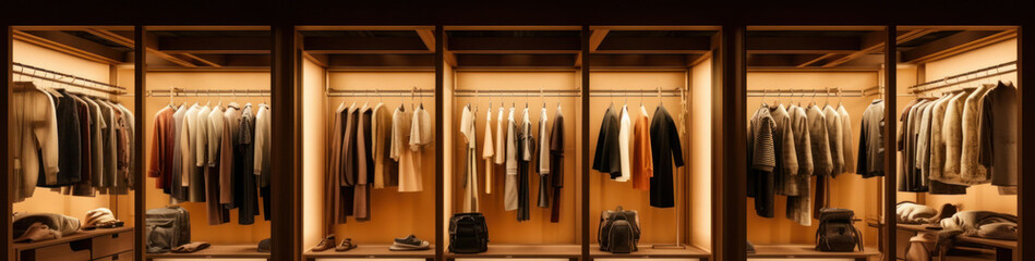 Dark men's dressing room interior with stylish clothes and accessories. Generative AI