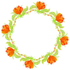 Watercolor decorative wreath with red flowers on transparent background. PNG.. Round border.