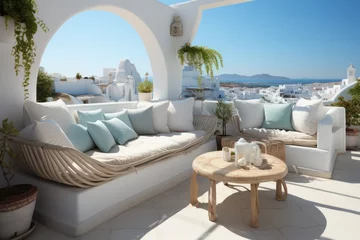 Gordijnen Close-Up of Luxurious lounge on a Traditional Greek Island Terrace with a Stunning Sea View. © Hoda Bogdan