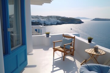 Fototapeta premium Close-Up of Luxurious lounge on a Traditional Greek Island Terrace with a Stunning Sea View.