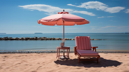 Generative ai illustration of lounger and umbrella on sand beach