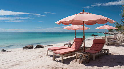 Fototapeta na wymiar Generative ai illustration of lounger and umbrella on sand beach