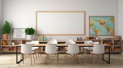 Modern Classroom design with modern desks, seats, blackboard, watch and door