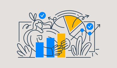 Market research data analysis, analyze business data or financial report, SEO analytics or profit and earning concept. Vector illustration