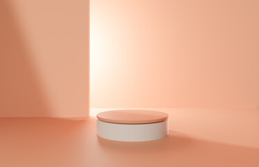 Illuminated 3d background product display podium scene with light background vector 3d render with podium. stand to show cosmetic product. 3d Stage showcase on display peachy background