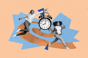 Creative abstract template collage of excited funny energetic together two female clock timer...