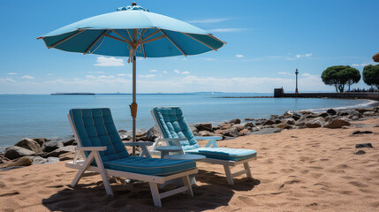 Generative ai illustration of lounger and umbrella on sand beach