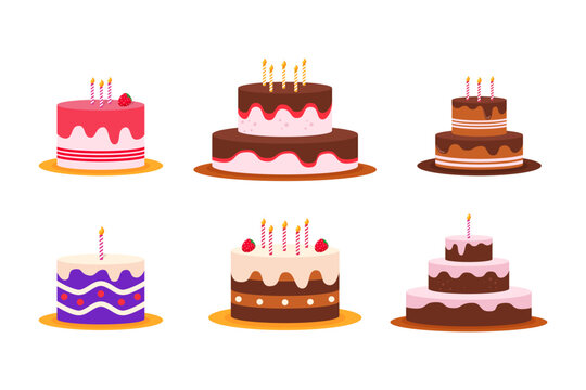 A collection of cake flat illustrations for a birthday wedding or anniversary celebration