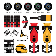 Formula 1 set. Types of tire, car, helmet, pit stop, podium, lights out. Speed racing tournament. Formula One championship. Motorsport concept. Vector Illustration isolated on background