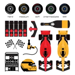 Aluminium Prints F1 Formula 1 set. Types of tire, car, helmet, pit stop, podium, lights out. Speed racing tournament. Formula One championship. Motorsport concept. Vector Illustration isolated on background