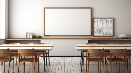 Modern Classroom design with modern desks, seats, blackboard, watch and door