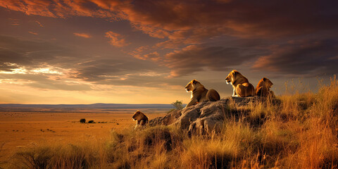 Wild lions in the African savannah at sunset. Generative AI - obrazy, fototapety, plakaty
