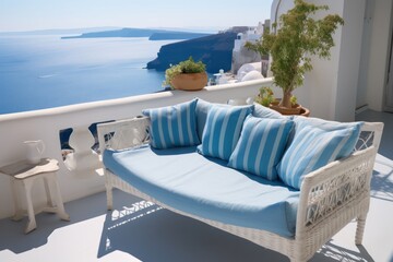 Fototapeta premium Sleek and luxurious Mediterranean lounge area with a Close-Up of balcony on a summer vacation day in greece