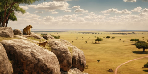 Wild lions in the African savannah. Generative AI