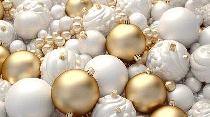  Winter holiday wallpaper. Festive white and gold Christmas ornaments and baubles.