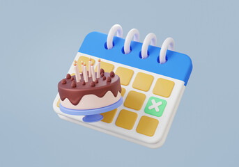 Calendar appointment schedule birthday chocolate cake icon symbol holiday anniversary, festive pastry with candle, party surprise event, christmas, cafe bakery shop. minimal cartoon. 3d rendering