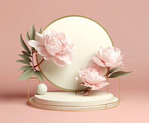 3 pink roses on a platform surrounded by pink flowers and leaves, minimalist stage design style, ivory, circular shapes, warm tones