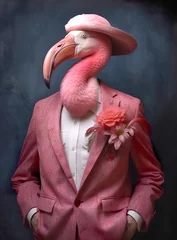 Fotobehang Pink flamingo in a jacket with a hat, exotic birds, dark pink and dark beige. Half man half tropical flamingo. Illustration © Dina Studio