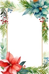 Watercolor illustration christmas invitation card frame with red and blue poinsettia. Generative AI