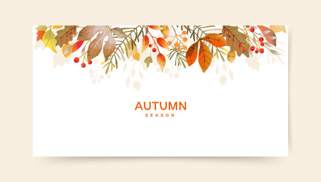 Autumn watercolor vector border with leaves, branches and berries, isolated on a white. Fall season background
