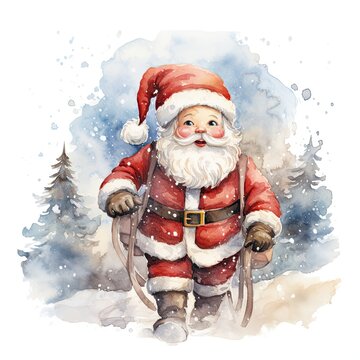 Watercolor Santa Claus with forest, christmas illustration. Generative AI