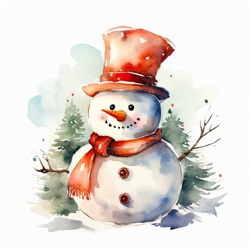 Cute watercolor snowman with red hat and scarf, with carrot nose, christmas clipart. Generative AI