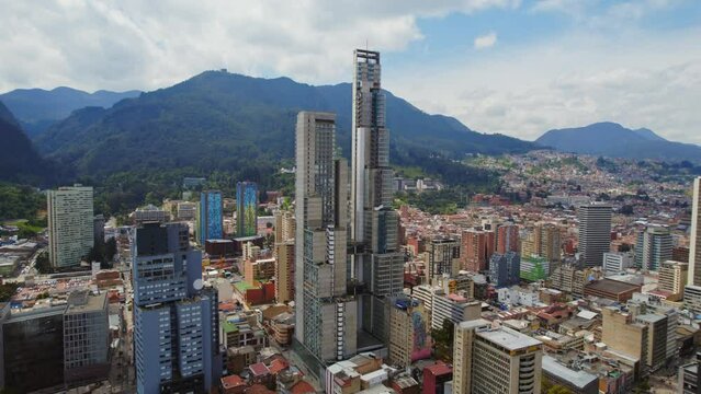 BD Bacata Downtown Bogota Colombia. Modern Luxury Contemporary High Rise Towers Skyscraper Surrounded By Urban Area In Colombia.