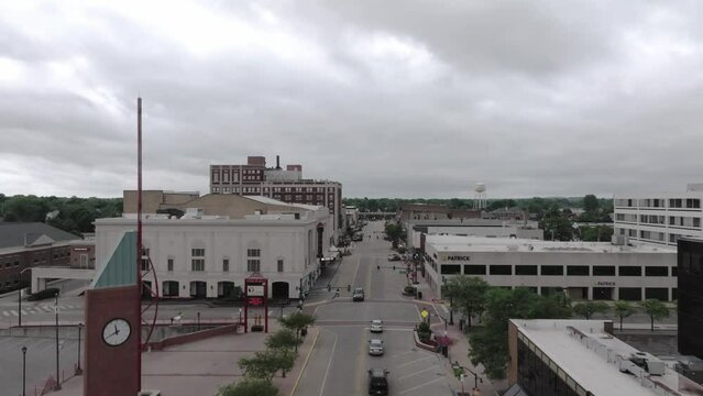 Downtown Elkhart, Indiana with drone video moving up.