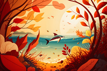 Autumn Vibe Beach Sunset With Flora background, Autumn Background Series