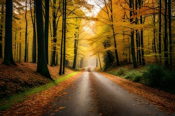 Autumn forest scenery with road of fall leaves & warm light