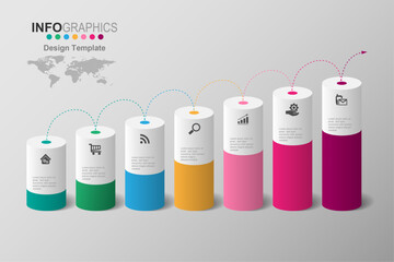 Business process timeline infographics 7 Step, 3D shape.