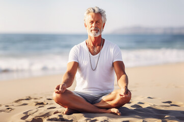 Fototapeta na wymiar Illustration of old mature man doing yoga on the beach