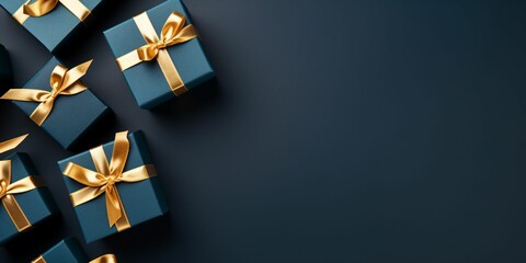 Gift box, top view. Elegant blue present box with golden bow on a dark blue background, copy space. Background for greeting card for Birthday, Fathers Day, Mother's Day - Generative AI