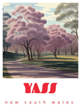 Yass: Retro tourism poster with a Australian landscape and the headline Yass / New South Wales