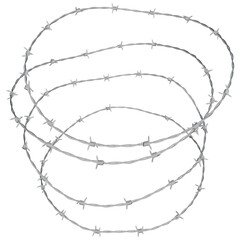 a 3D illustration of a barbed wire fence twisted into the shape of a round circle frame.