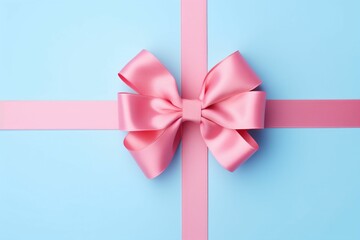 Saint Valentine's Day concept. Top view photo of pink giftbox with ribbon bow on isolated pastel blue background - Generative AI