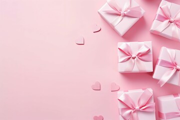 Valentine's Day concept. Top view photo of stylish present boxes with white ribbon bows and heart shaped sprinkles - Generative AI