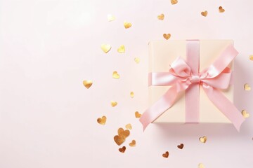 Valentine's Day concept. Top view photo of pastel pink present box with silk ribbon bow golden hearts - Generative AI