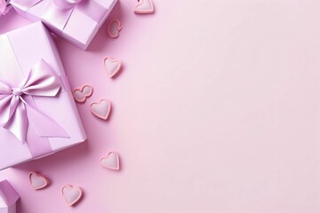 Top view photo of woman's day composition white gift boxes with pink bows curly silk ribbon small hearts - Generative AI