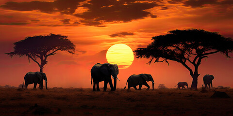 Fototapeta na wymiar Group of elephants in the African savannah at dusk. Generative AI