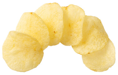 Potato chips isolated on white background, top view.